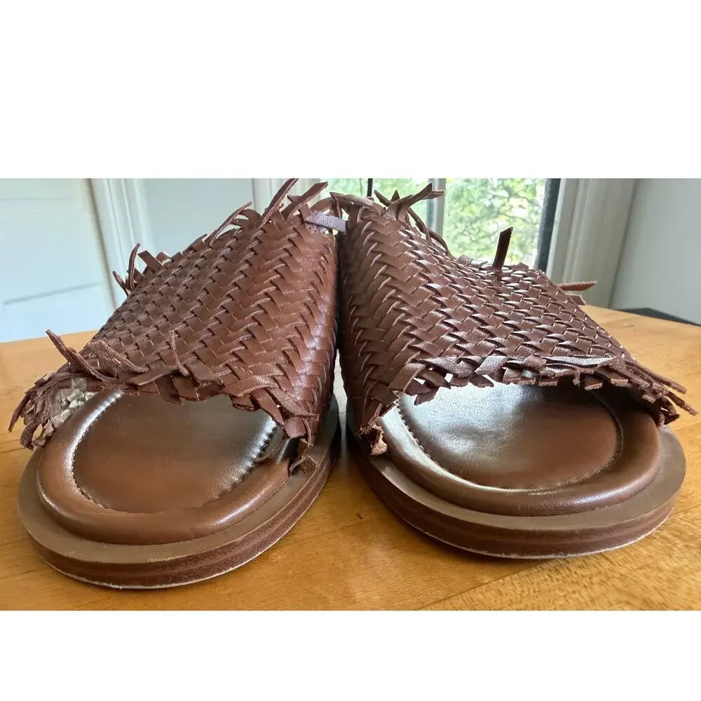 Michael Kors Dee Woven Leather Brown Slide Sandals Size 8